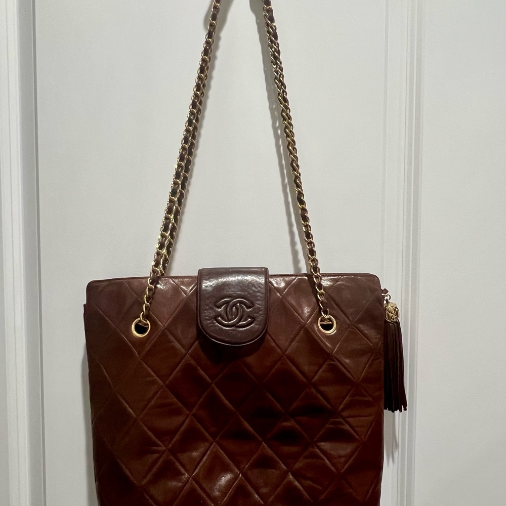 Chanel Vintage Dark Brown Quilted Shoulder Bag with Gold Chain